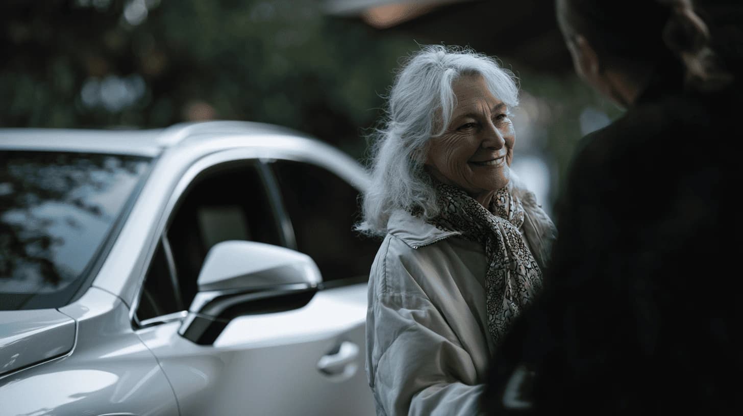 Senior customer receiving personalized assistance beside a vehicle